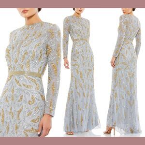 NEW$598 Mac Duggal [ 6 ] 5124 Beaded Long Sleeve Evening Gown Platinum Gold Q845